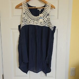 Spense Navy Blouse with White Lace Detail